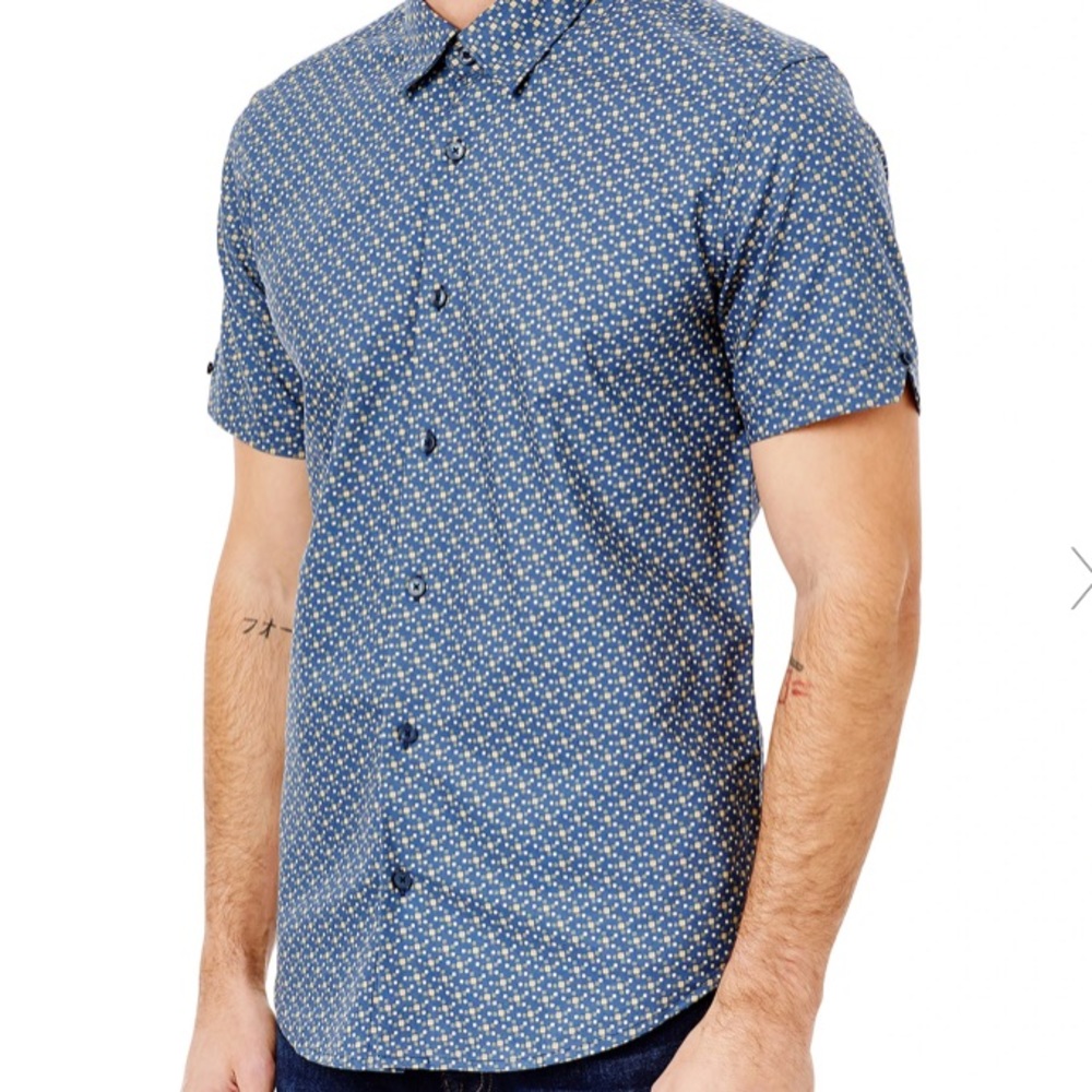 Ben Sherman Ensign Blue Square Pattern Short Sleeve Button-Down Shirt size M